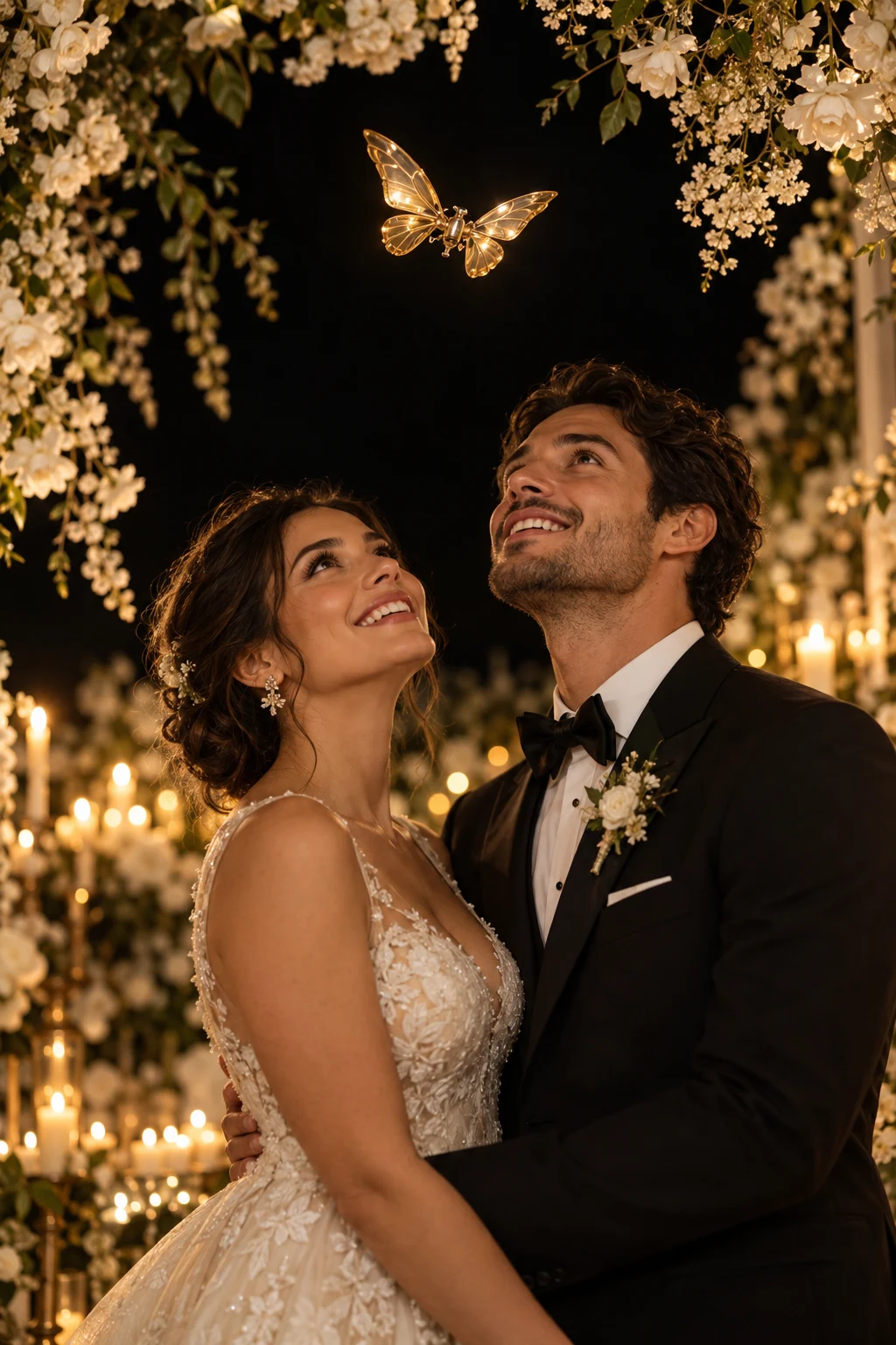 A golden mechanical butterfly flying above a newlywed couple beneath wedding flowers